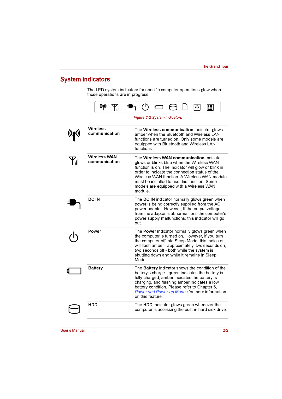 Toshiba NB200 manual System indicators, Power, Battery 