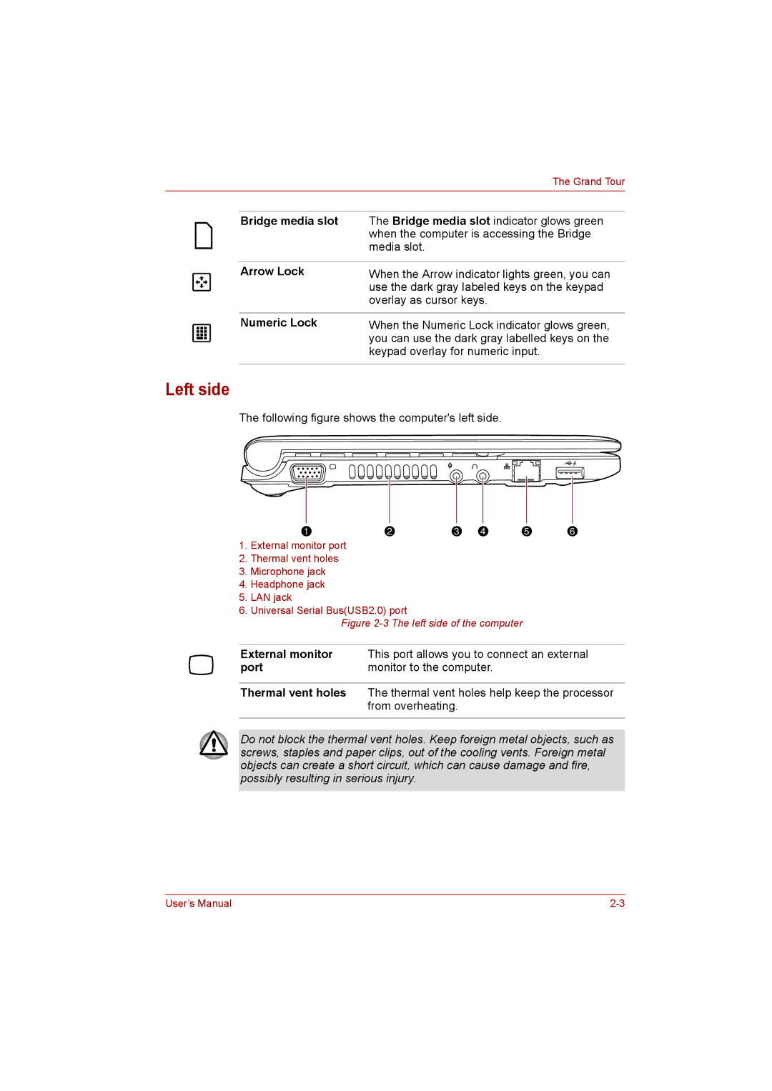 Toshiba NB200 manual Left side, Arrow Lock, Numeric Lock, Port, Thermal vent holes 