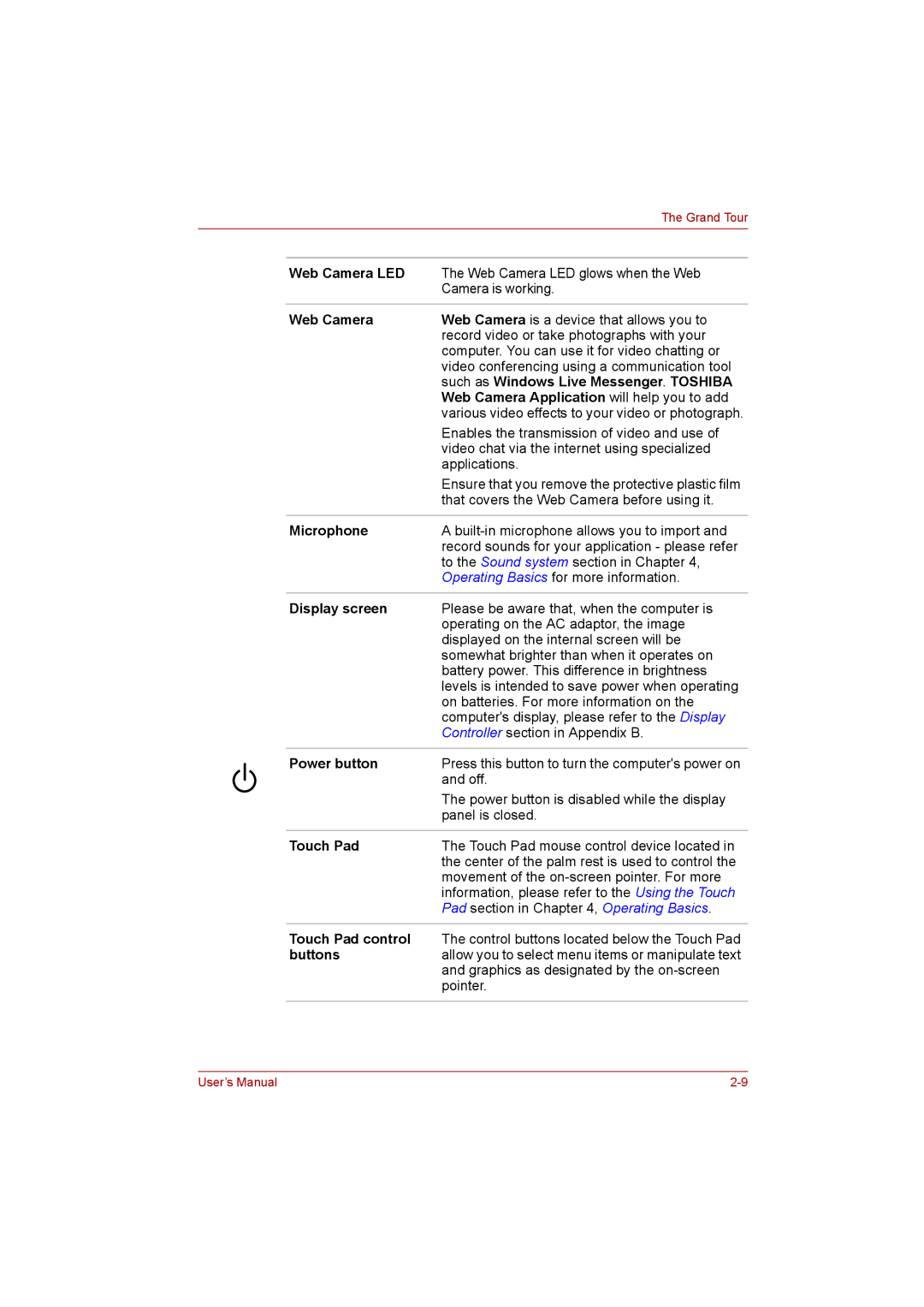 Toshiba NB200 manual Web Camera LED, Microphone, Display screen, Power button, Touch Pad control, Buttons 