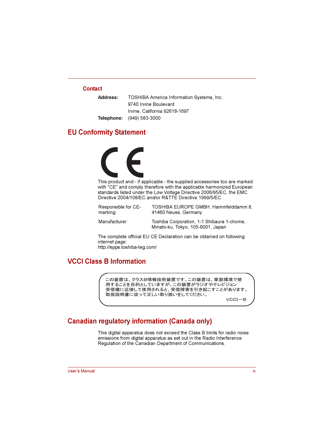 Toshiba NB200 manual EU Conformity Statement, Contact 