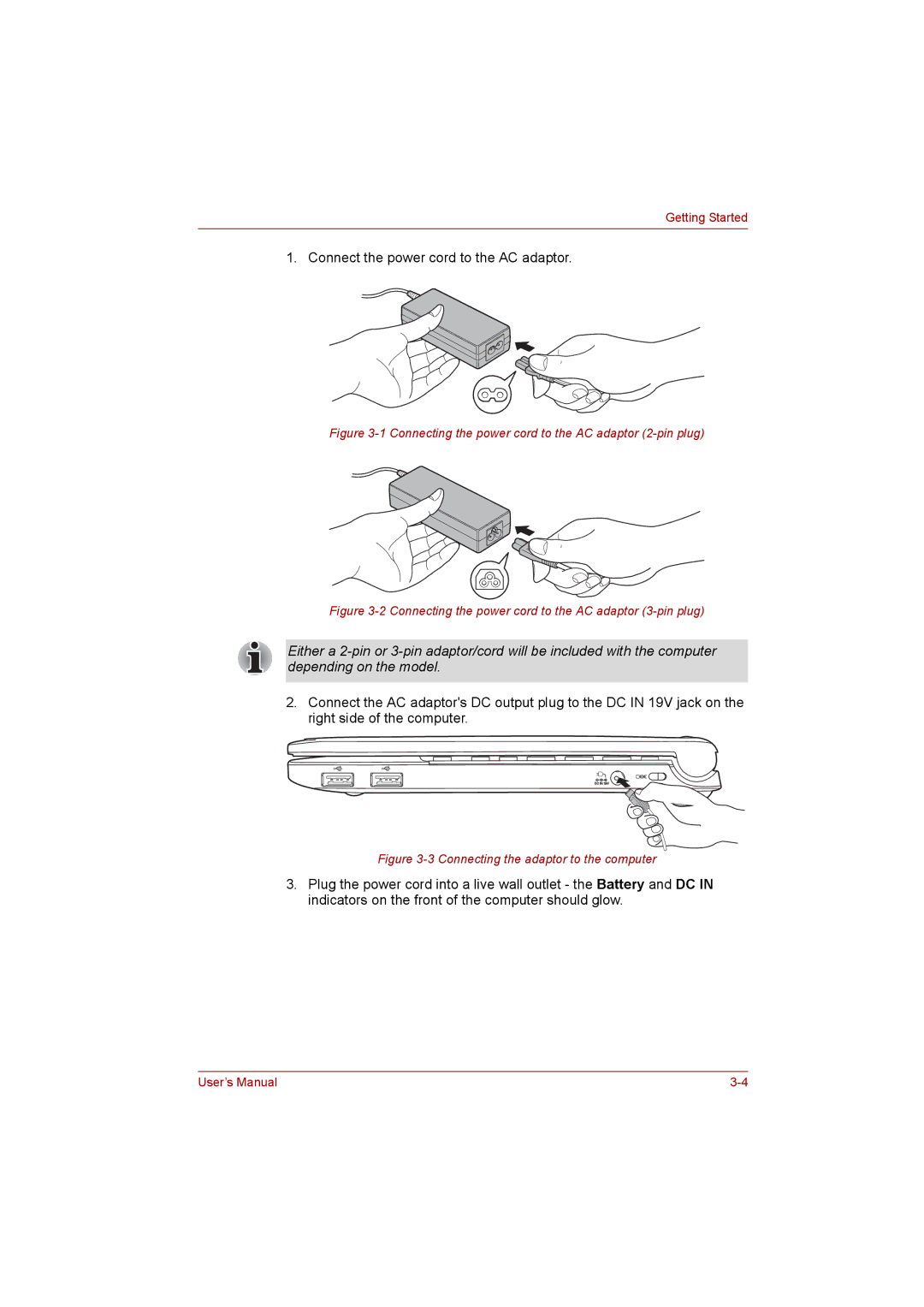 Toshiba NB200 manual Connect the power cord to the AC adaptor 