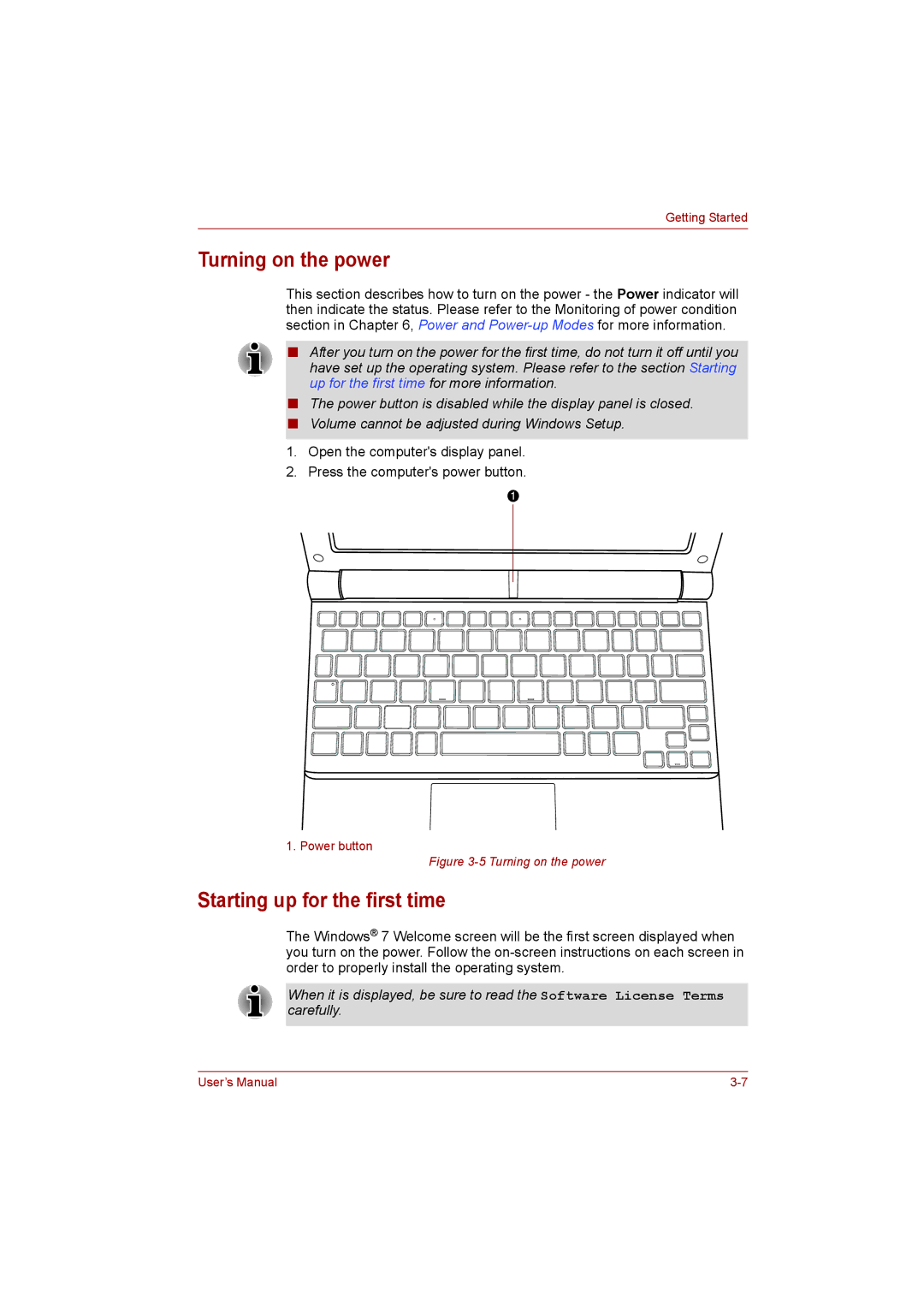 Toshiba NB200 manual Turning on the power, Starting up for the first time 