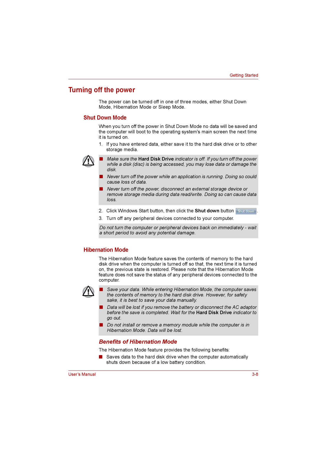 Toshiba NB200 manual Turning off the power, Shut Down Mode, Benefits of Hibernation Mode 