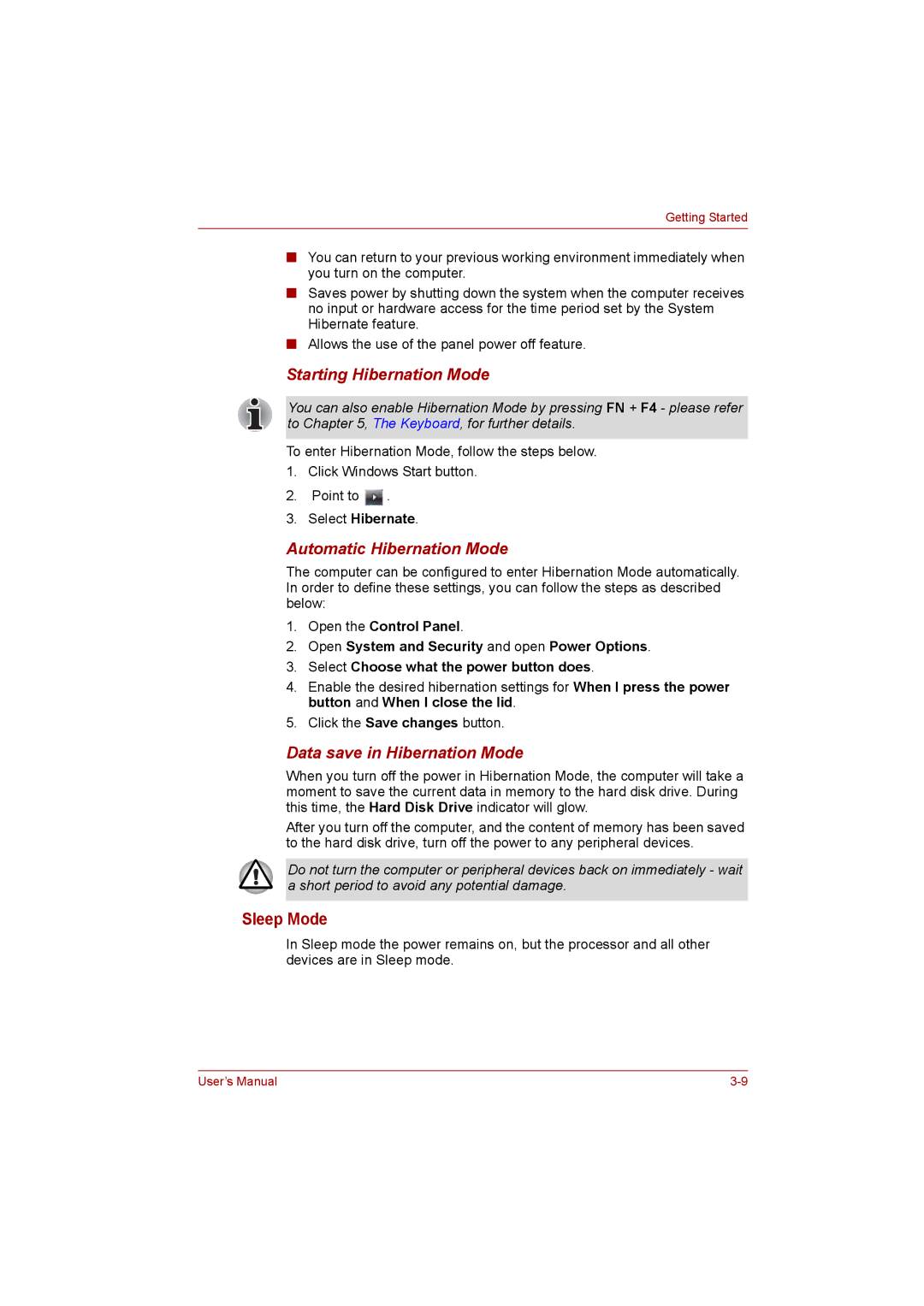 Toshiba NB200 manual Sleep Mode, Starting Hibernation Mode, Automatic Hibernation Mode, Data save in Hibernation Mode 