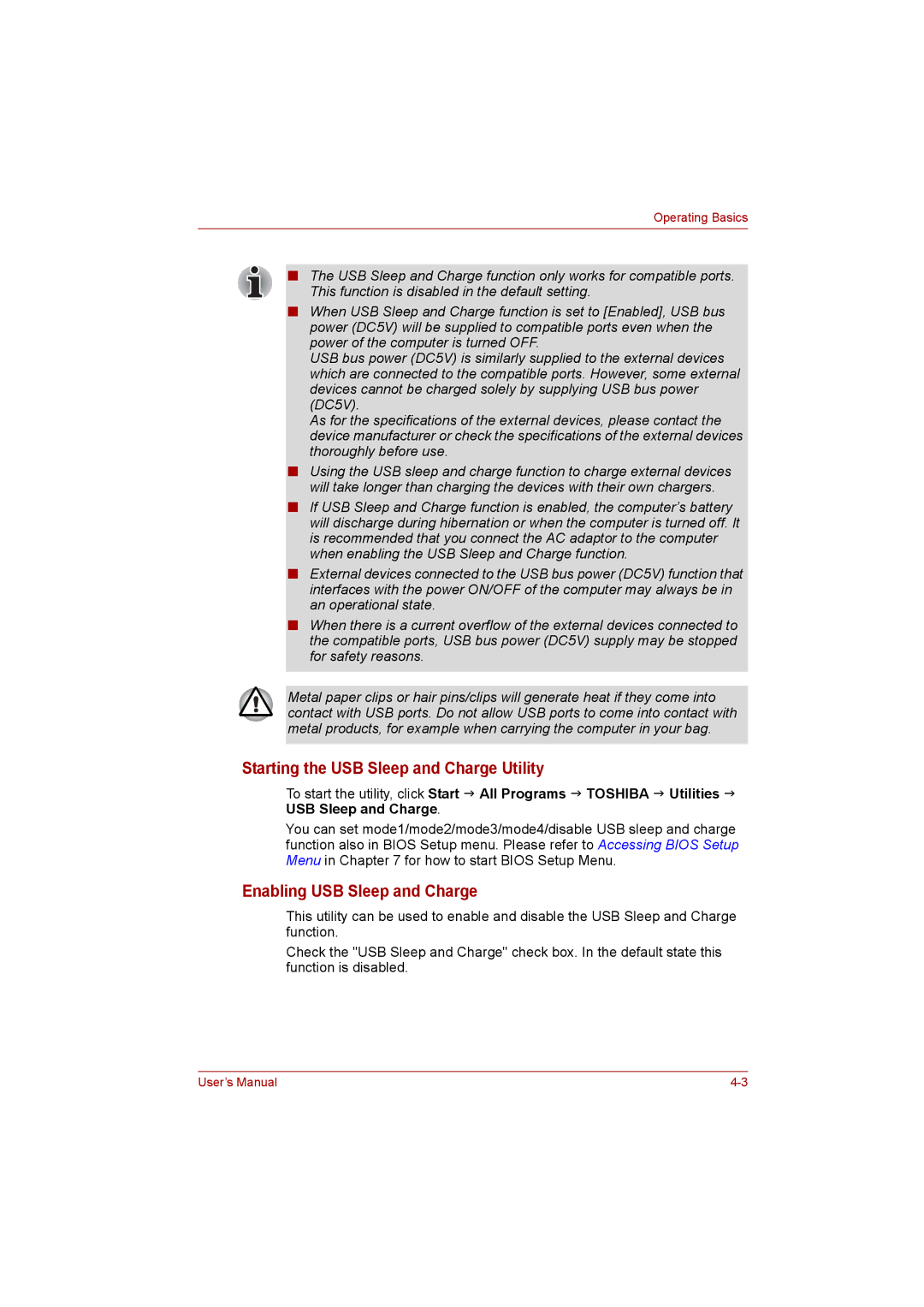 Toshiba NB200 manual Starting the USB Sleep and Charge Utility, Enabling USB Sleep and Charge 