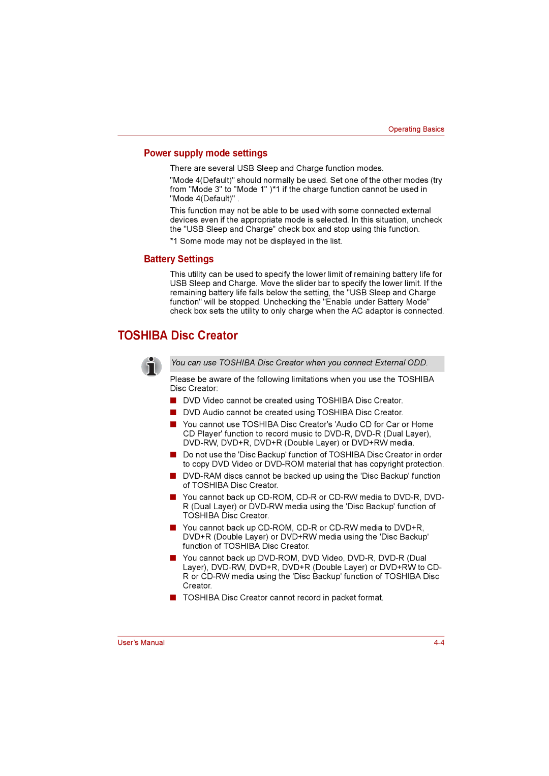 Toshiba NB200 manual Toshiba Disc Creator, Power supply mode settings, Battery Settings 