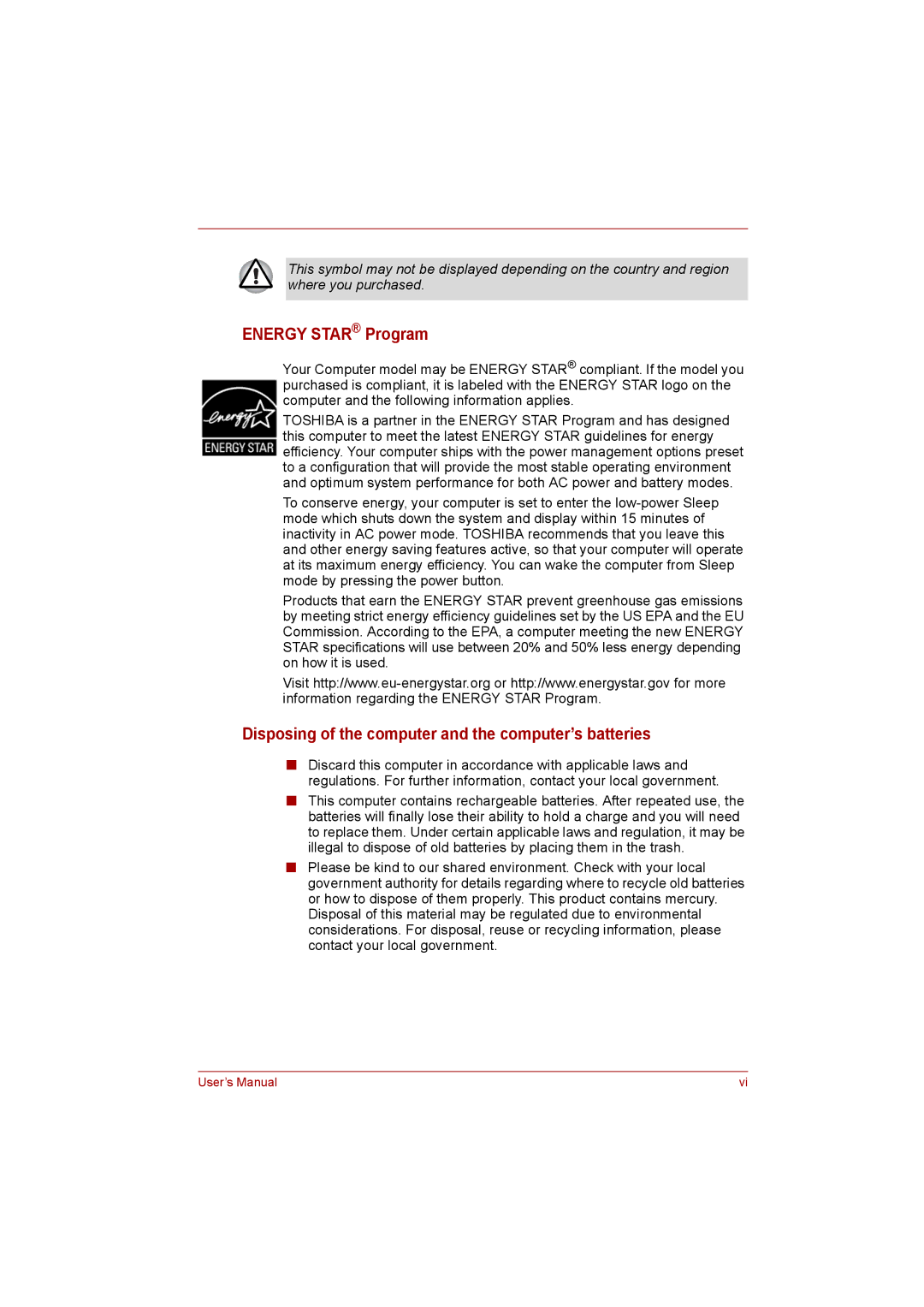 Toshiba NB200 manual Energy Star Program, Disposing of the computer and the computer’s batteries 