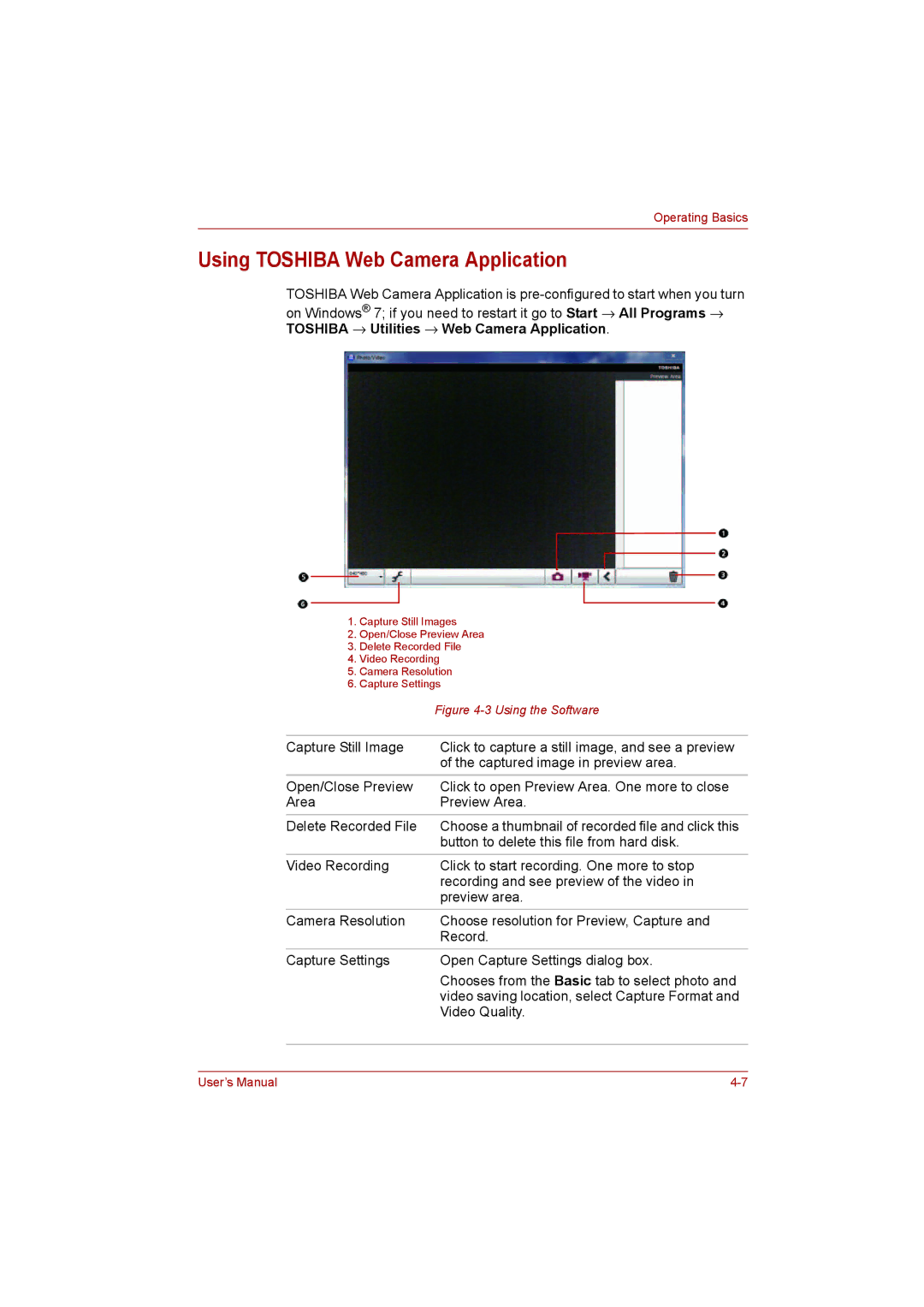 Toshiba NB200 manual Using Toshiba Web Camera Application, Using the Software 