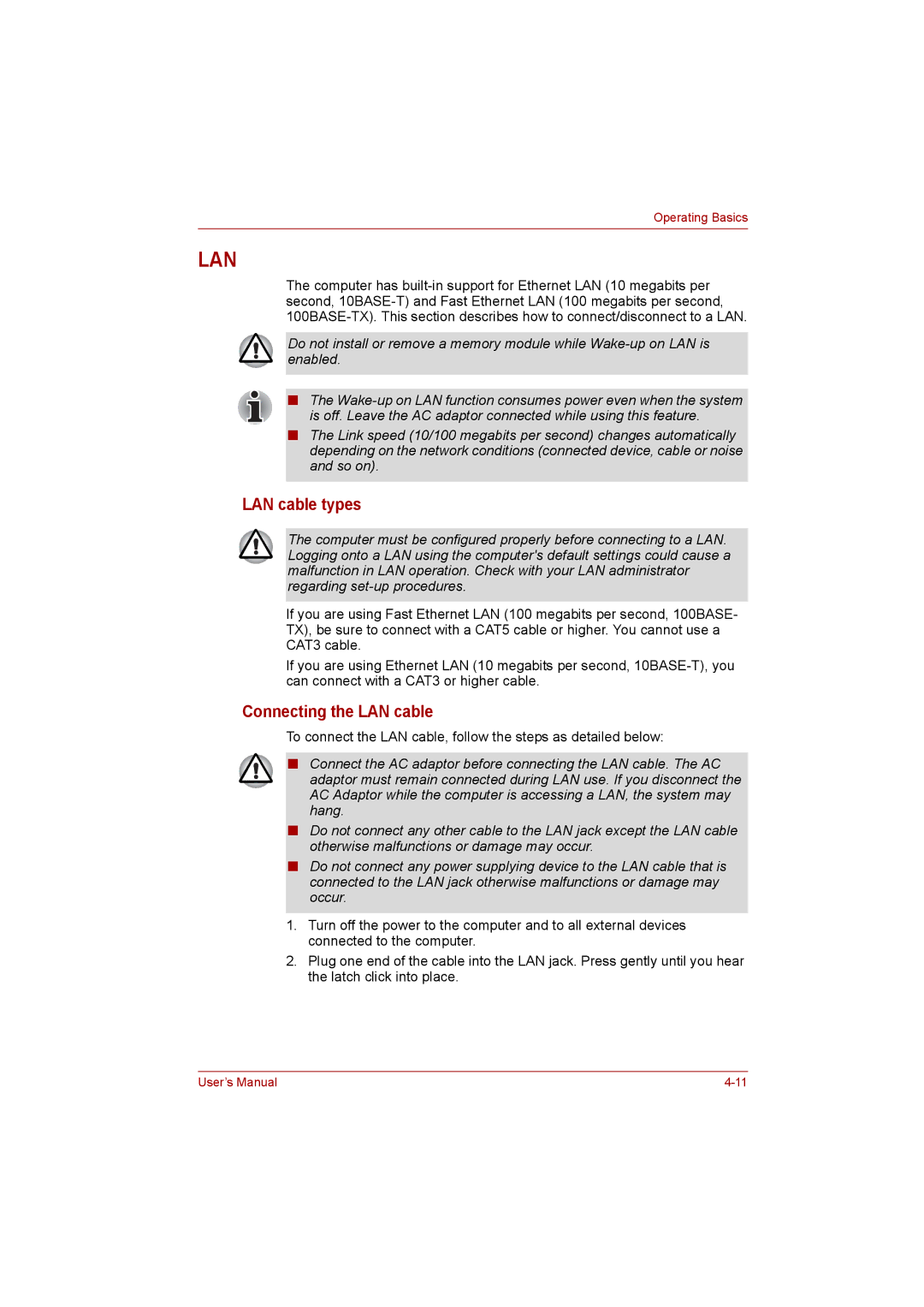 Toshiba NB200 manual LAN cable types, Connecting the LAN cable 