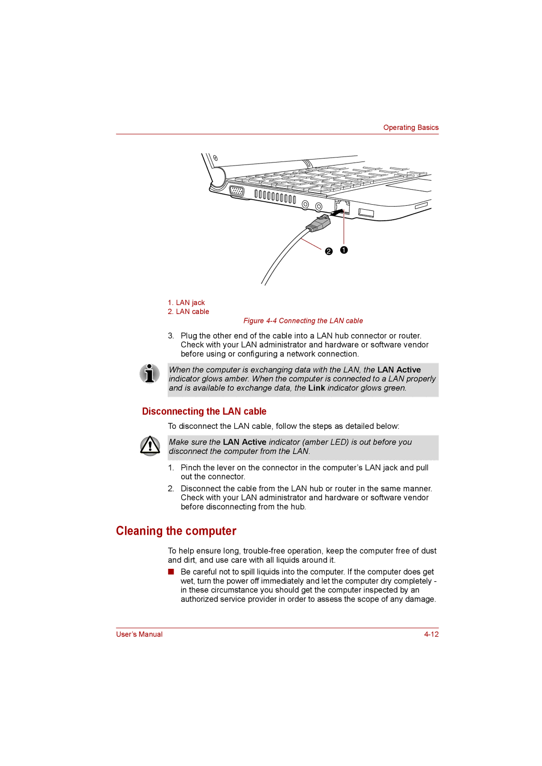 Toshiba NB200 manual Cleaning the computer, Disconnecting the LAN cable 