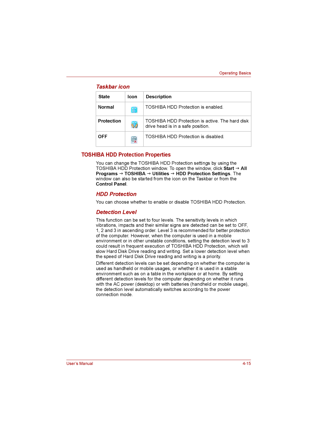 Toshiba NB200 manual Toshiba HDD Protection Properties, Taskbar icon, Detection Level, Toshiba HDD Protection is disabled 