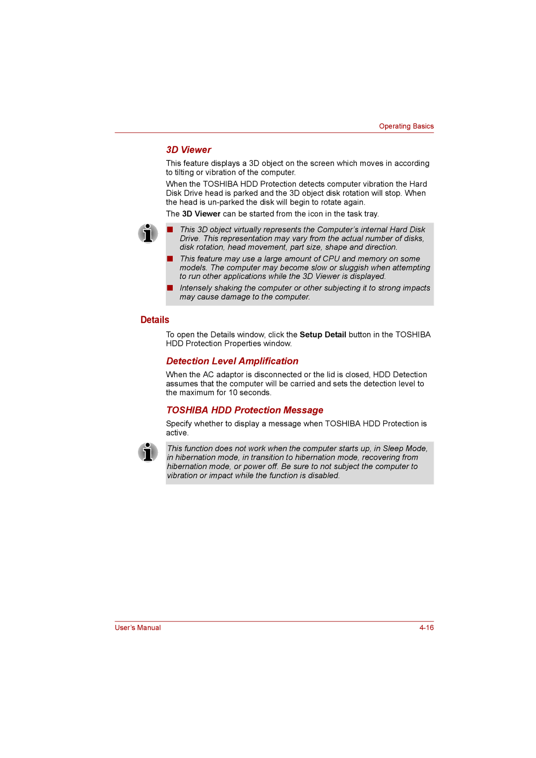 Toshiba NB200 manual Details, 3D Viewer, Detection Level Amplification, Toshiba HDD Protection Message 