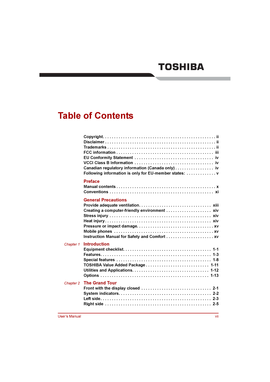 Toshiba NB200 manual Table of Contents 