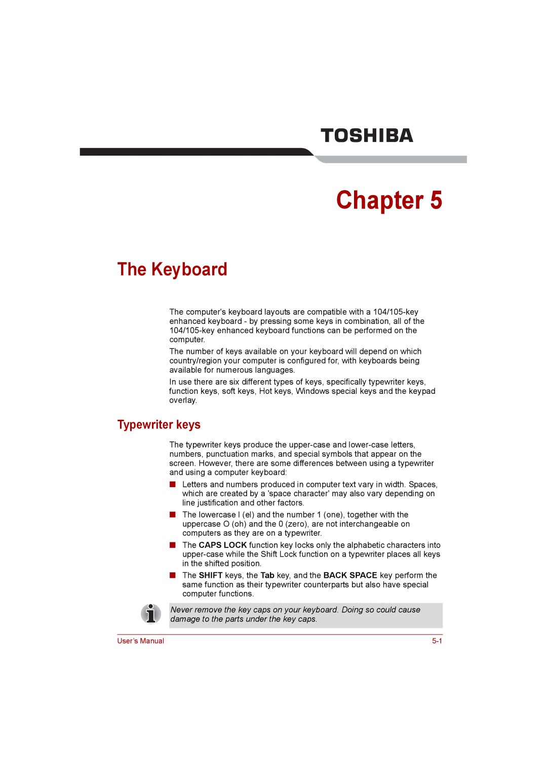 Toshiba NB200 manual Keyboard, Typewriter keys 