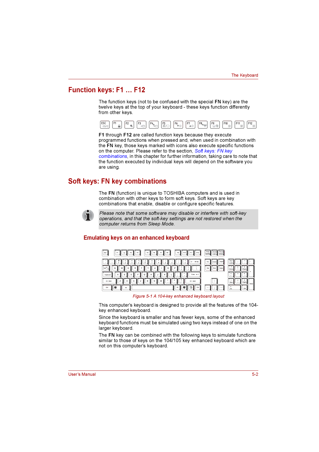 Toshiba NB200 manual Function keys F1 … F12, Soft keys FN key combinations, Emulating keys on an enhanced keyboard 