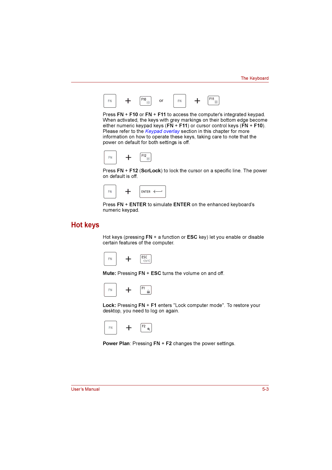 Toshiba NB200 manual Hot keys 