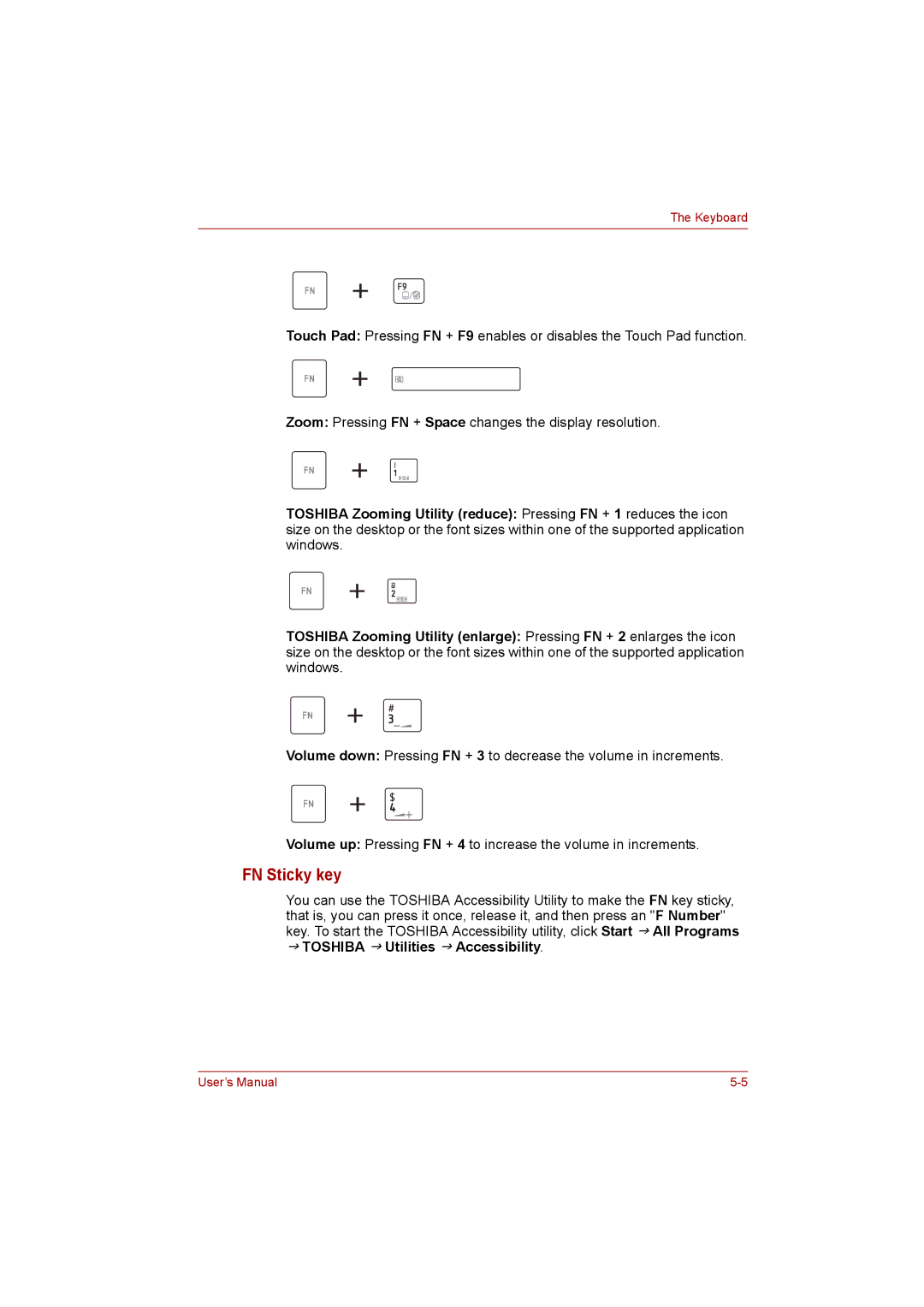 Toshiba NB200 manual FN Sticky key, Toshiba J Utilities J Accessibility 