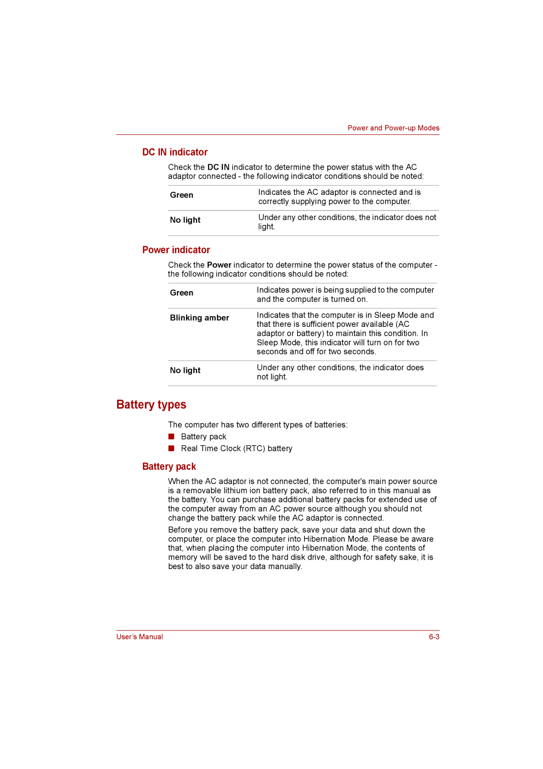 Toshiba NB200 manual Battery types, DC in indicator, Power indicator, Battery pack 