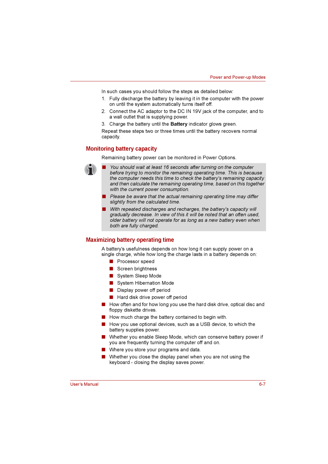 Toshiba NB200 manual Monitoring battery capacity, Maximizing battery operating time 