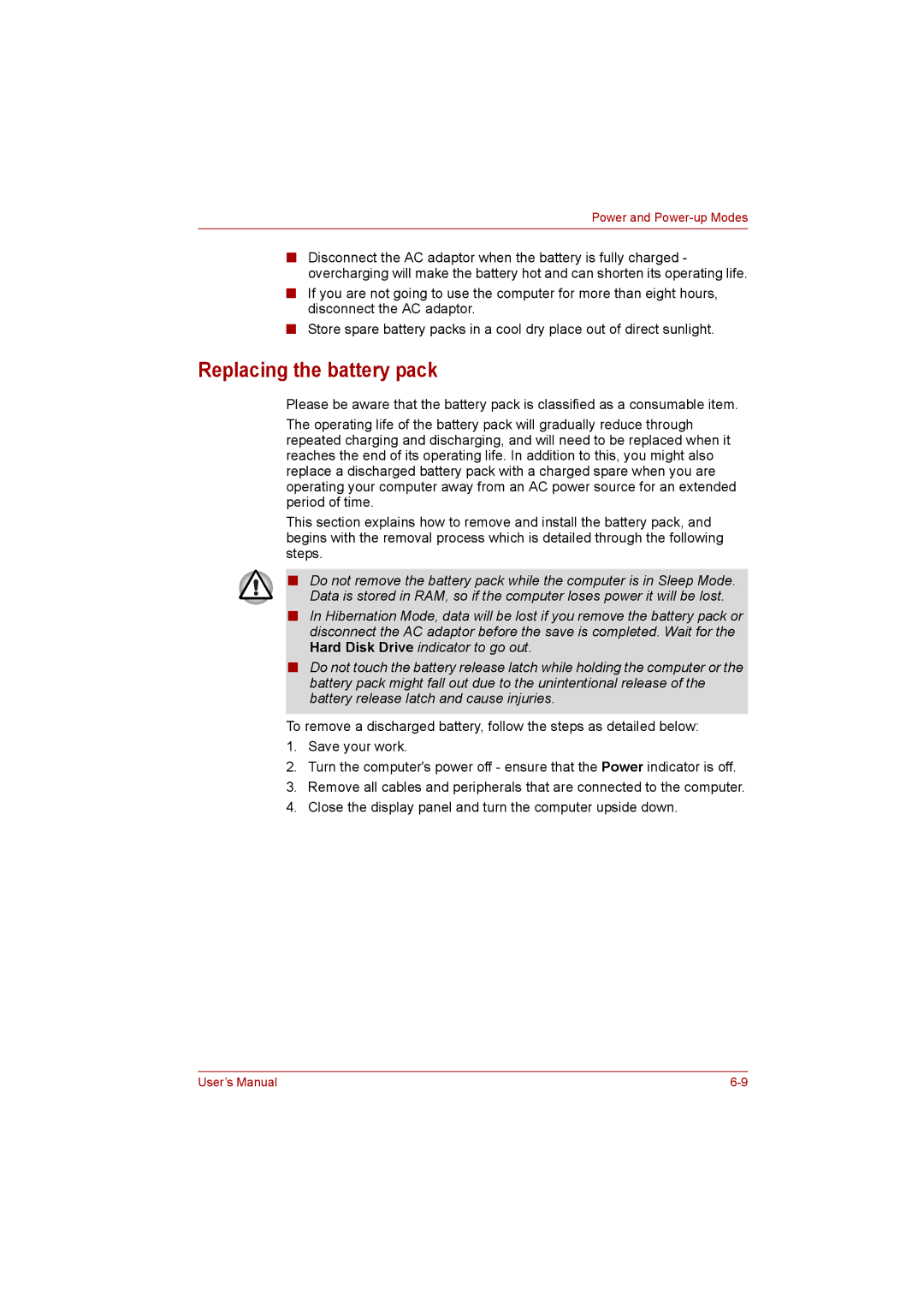 Toshiba NB200 manual Replacing the battery pack 