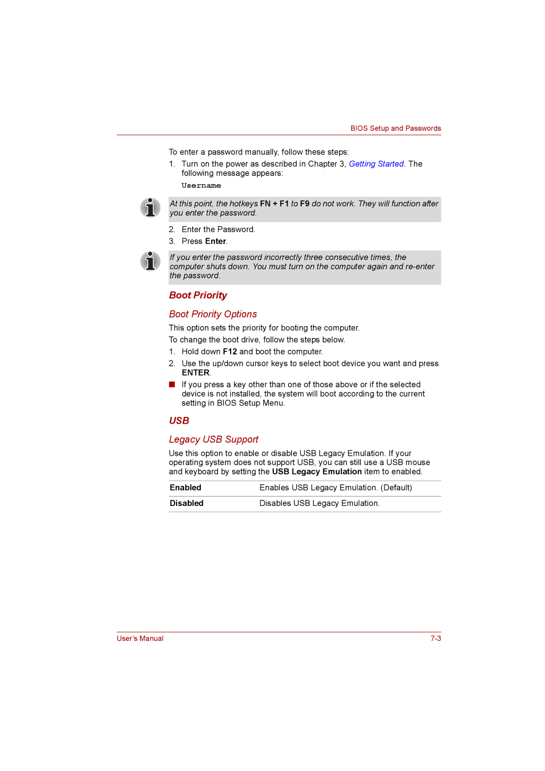 Toshiba NB200 manual Boot Priority, Username 