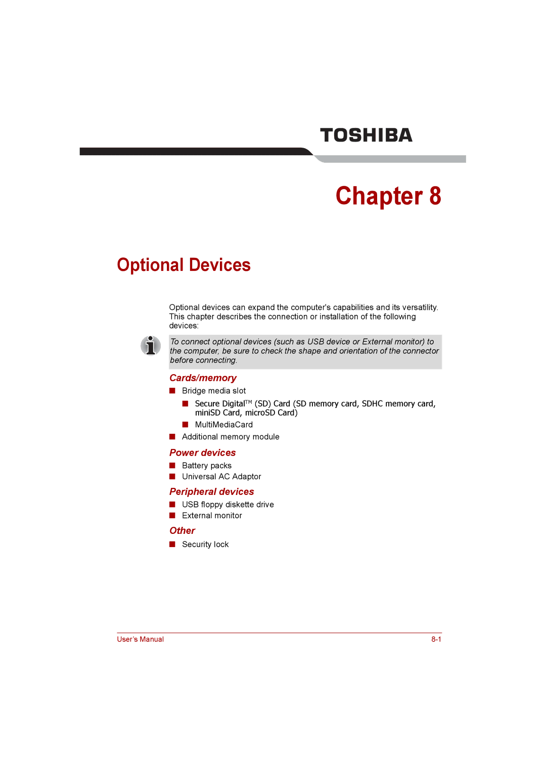 Toshiba NB200 manual Optional Devices, Cards/memory, Power devices, Peripheral devices, Other 