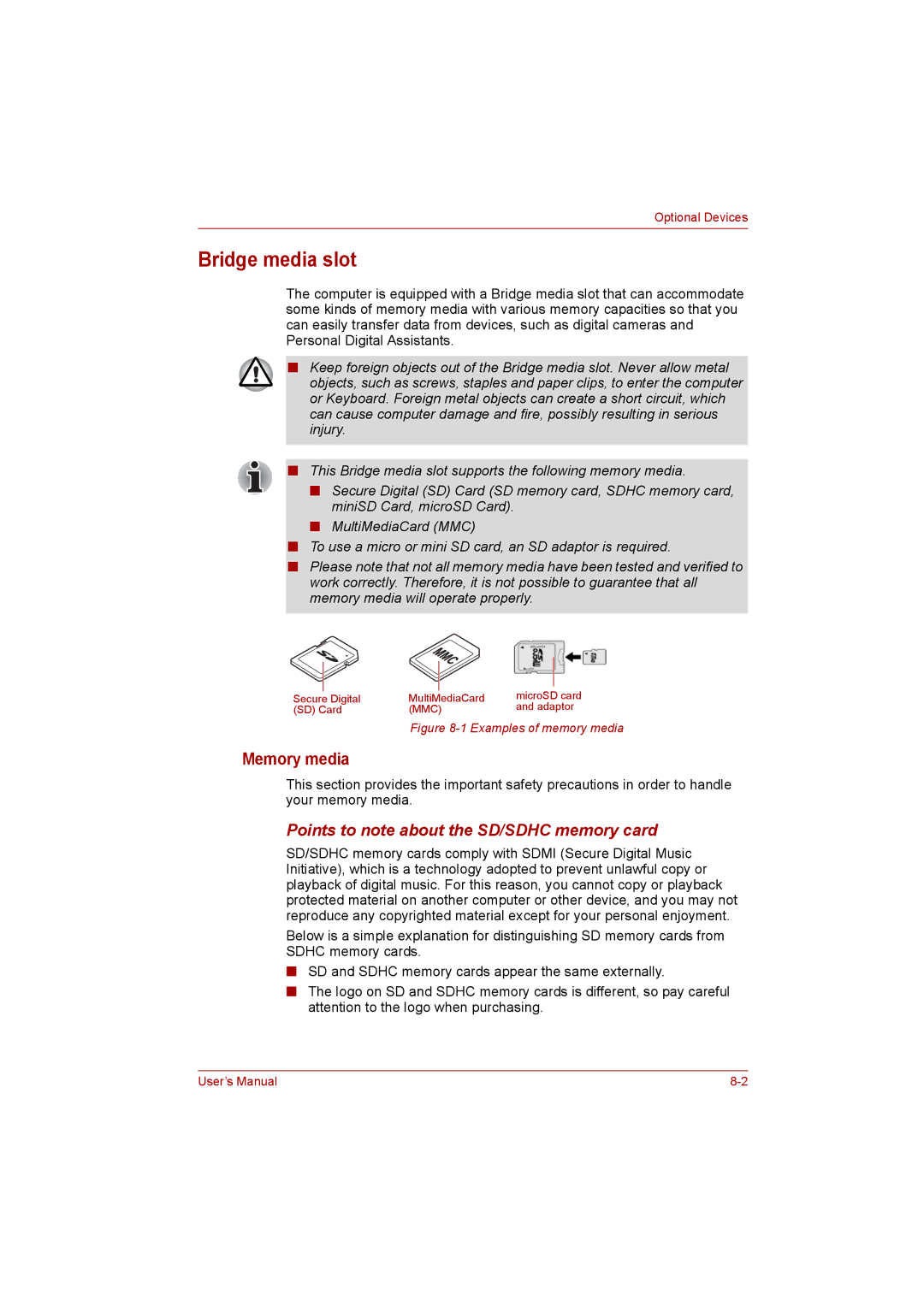 Toshiba NB200 manual Bridge media slot, Memory media, Points to note about the SD/SDHC memory card 