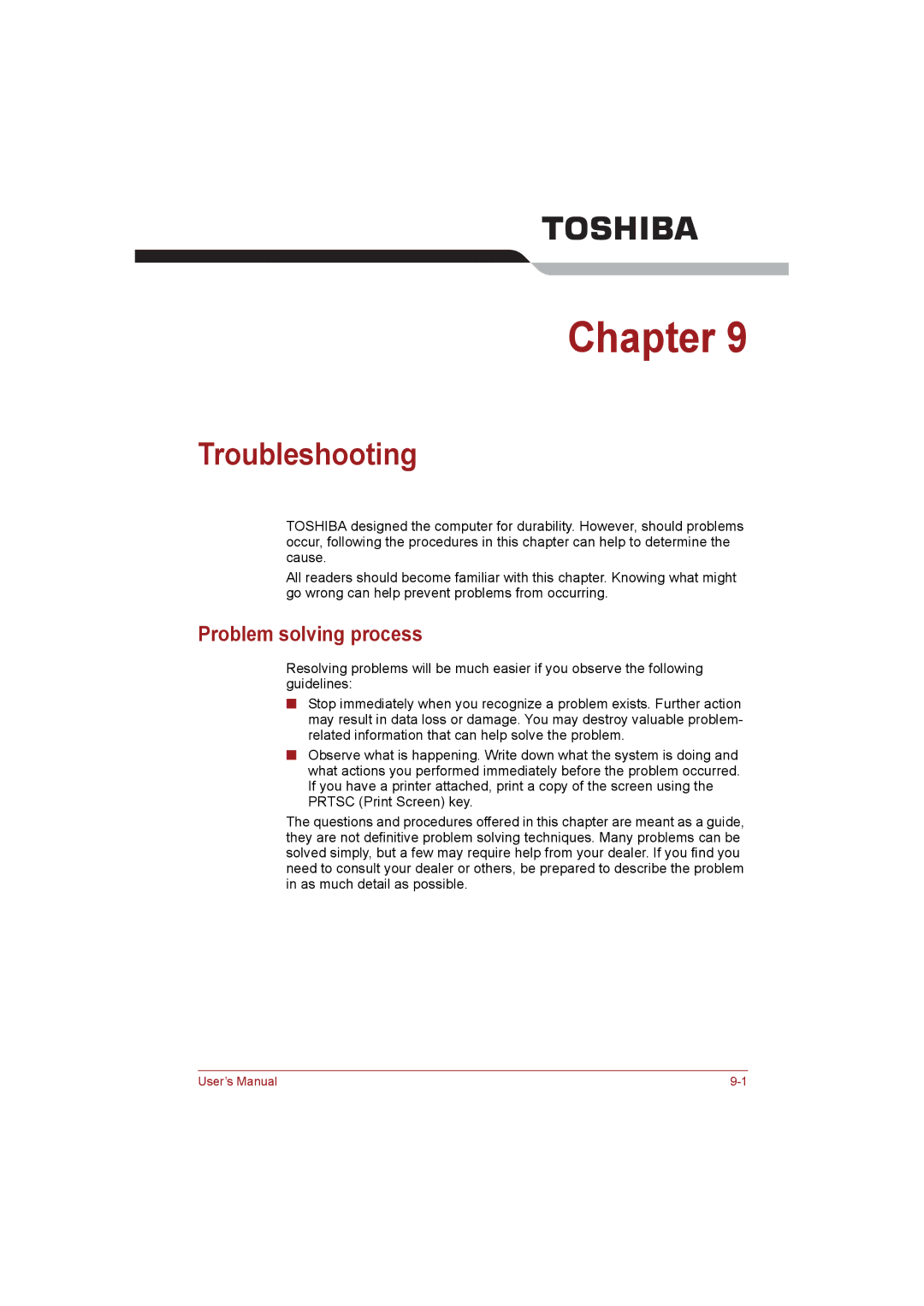 Toshiba NB255N245 user manual Troubleshooting, Problem solving process 