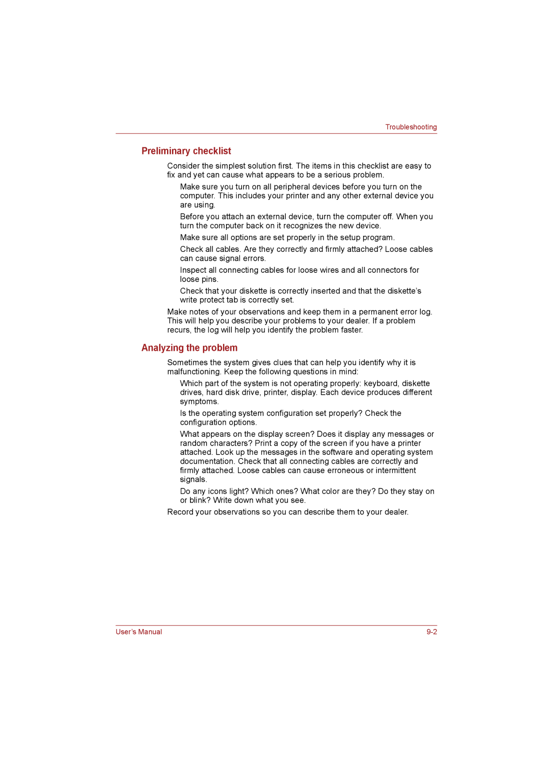 Toshiba NB255N245 user manual Preliminary checklist, Analyzing the problem 