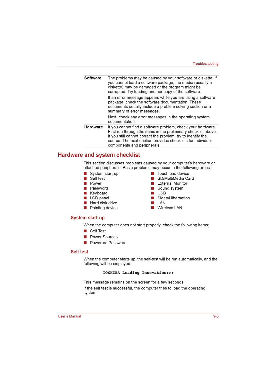 Toshiba NB255N245 user manual Hardware and system checklist, System start-up, Self test 