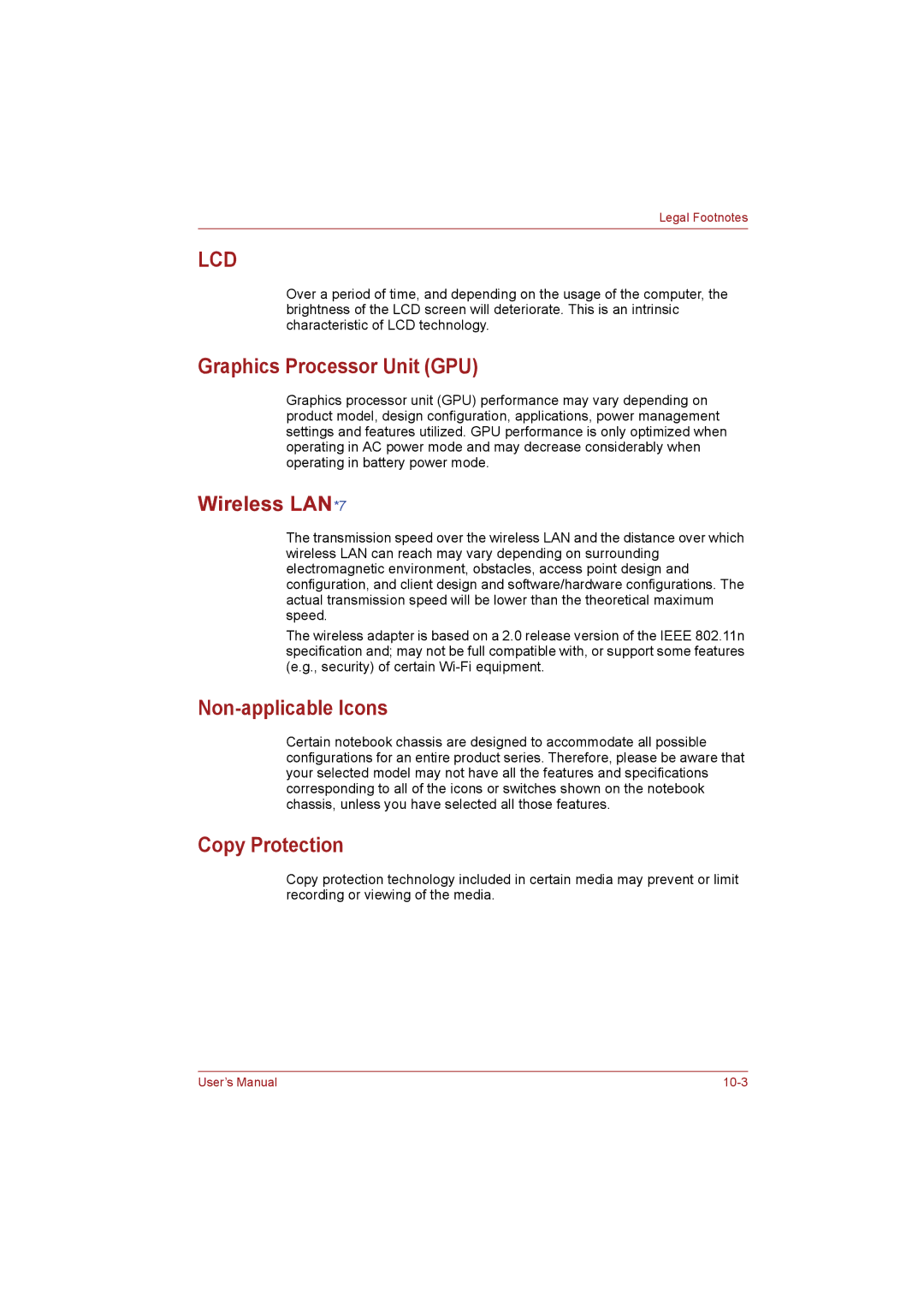 Toshiba NB255N245 user manual Graphics Processor Unit GPU, Wireless LAN*7, Non-applicable Icons, Copy Protection 