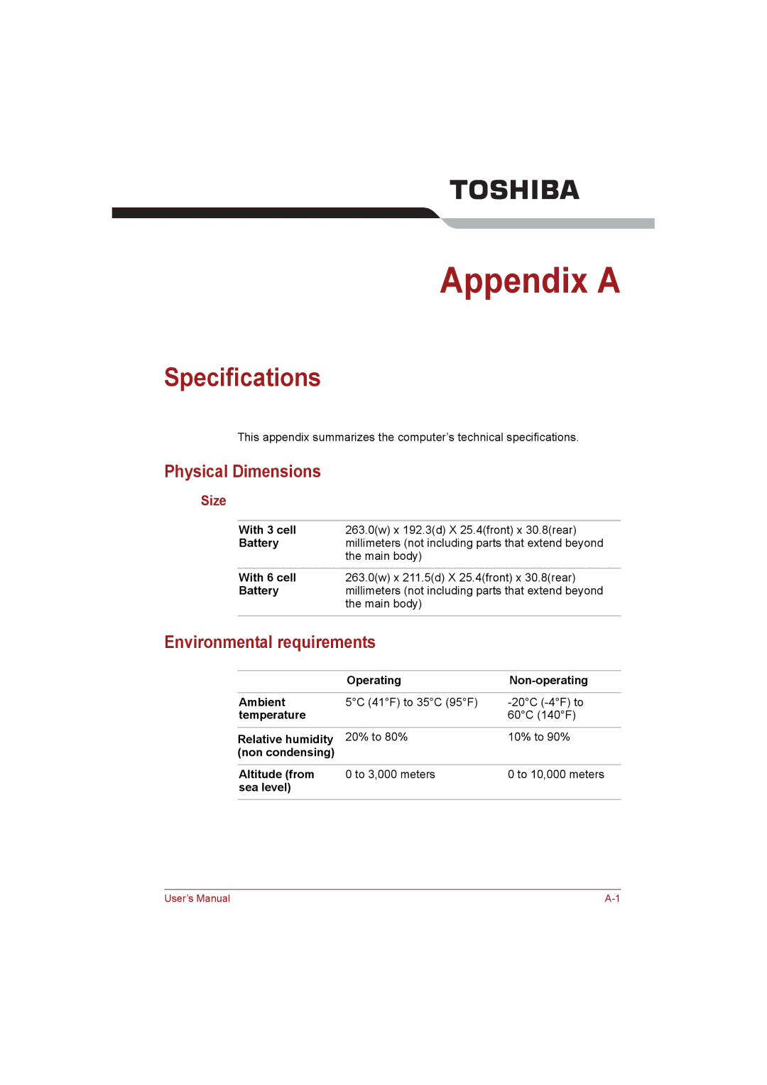 Toshiba NB255N245 user manual Specifications, Physical Dimensions, Environmental requirements, Size 