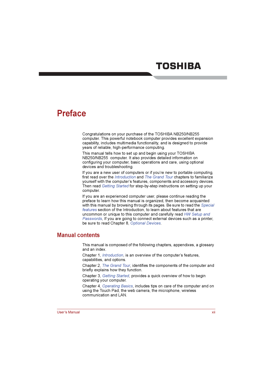 Toshiba NB255N245 user manual Preface, Manual contents 