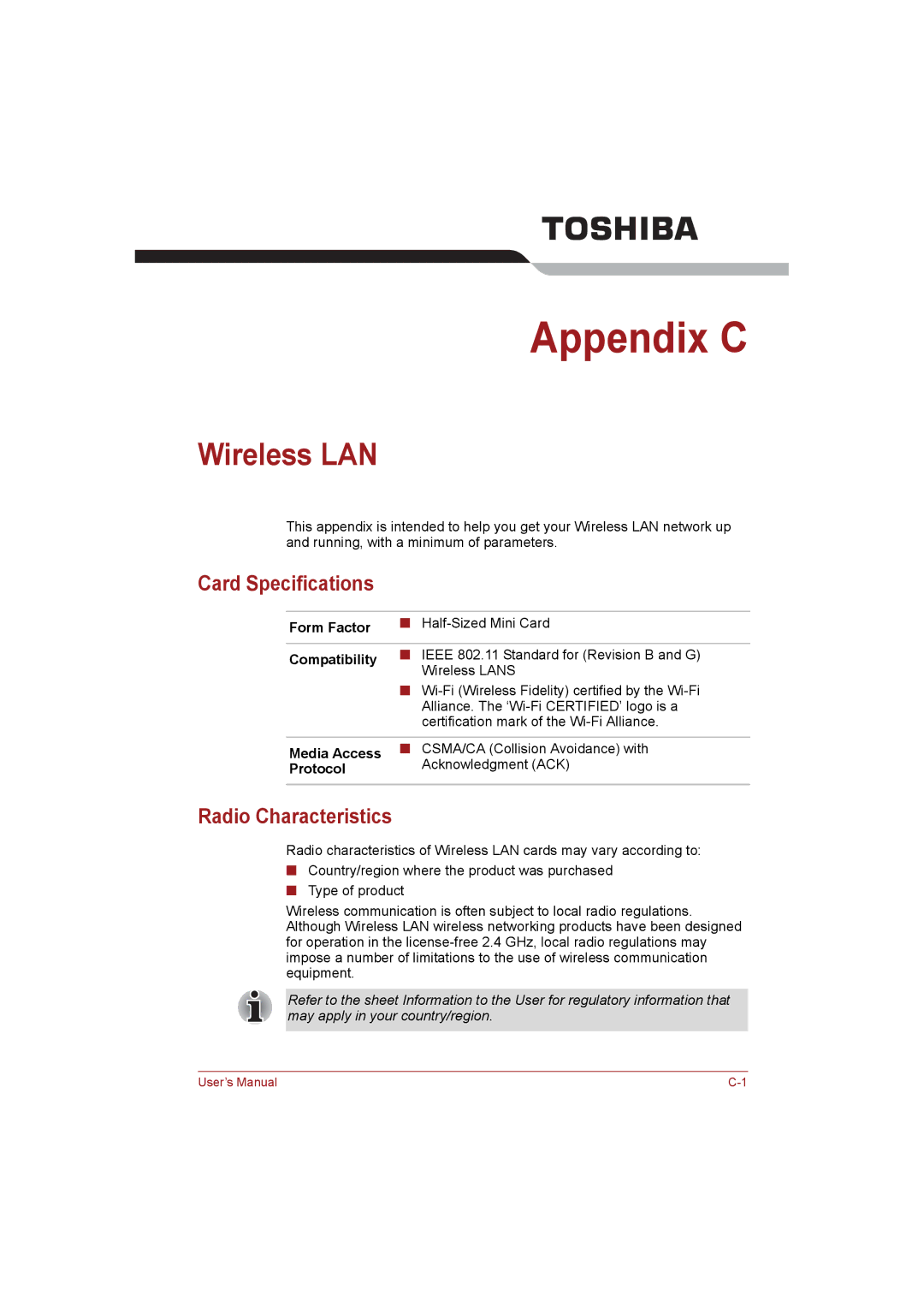 Toshiba NB255N245 user manual Wireless LAN, Card Specifications, Radio Characteristics 