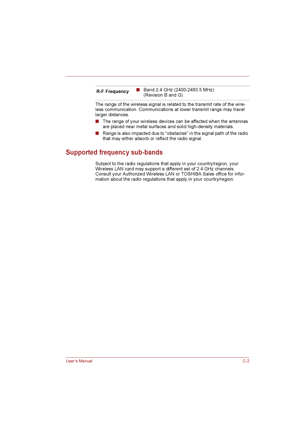 Toshiba NB255N245 user manual Supported frequency sub-bands, Frequency 