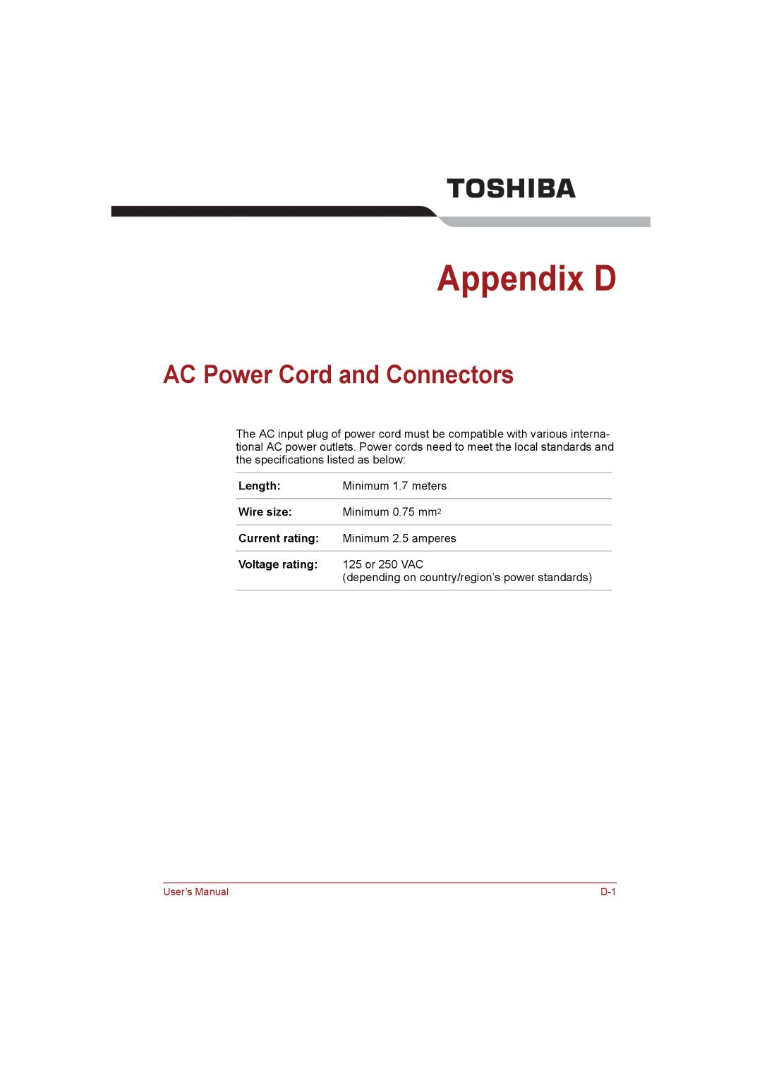 Toshiba NB255N245 user manual AC Power Cord and Connectors, Length, Wire size, Current rating, Voltage rating 