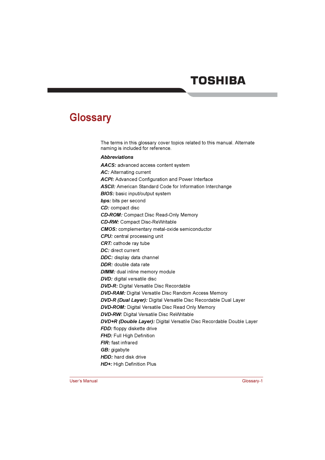 Toshiba NB255N245 user manual Glossary, Abbreviations 