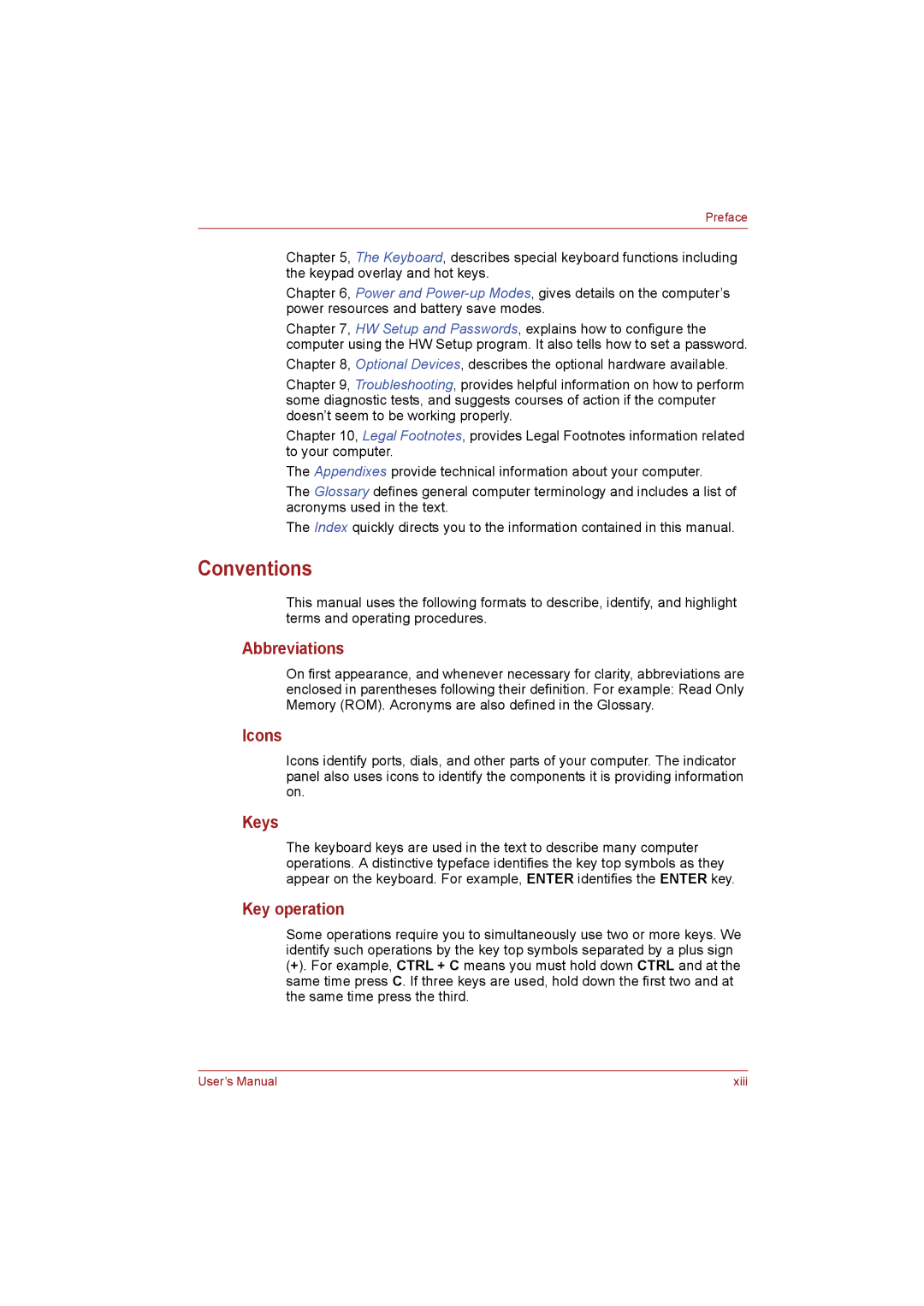 Toshiba NB255N245 user manual Conventions, Abbreviations, Icons, Keys, Key operation 