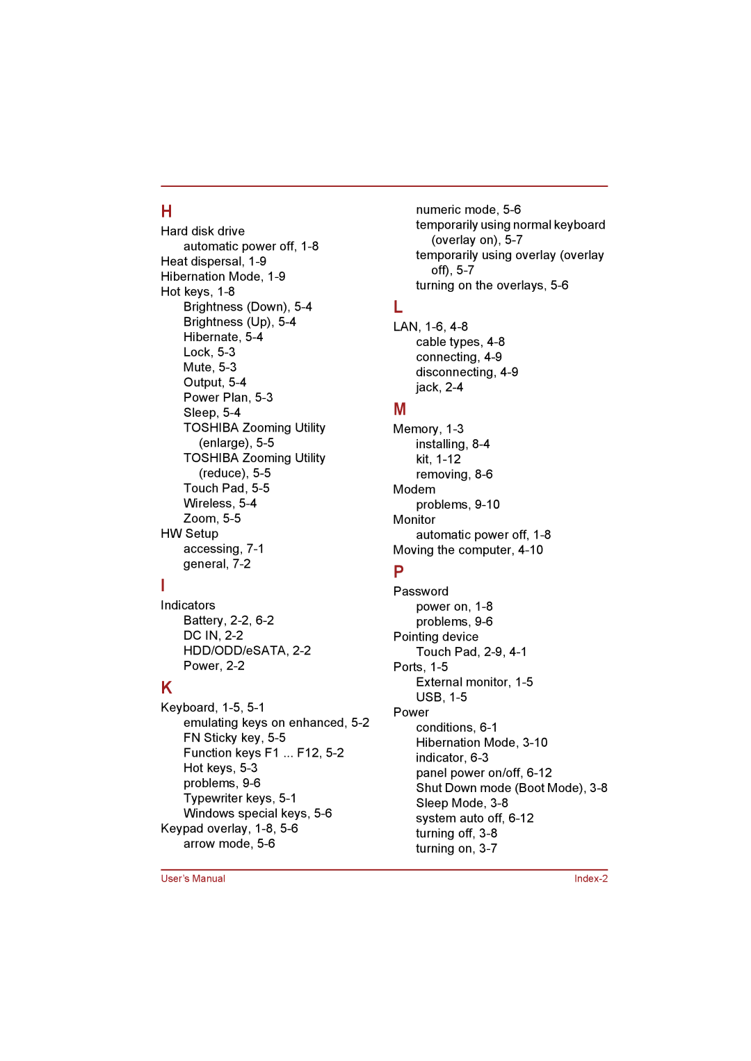 Toshiba NB255N245 user manual User’s Manual Index-2 