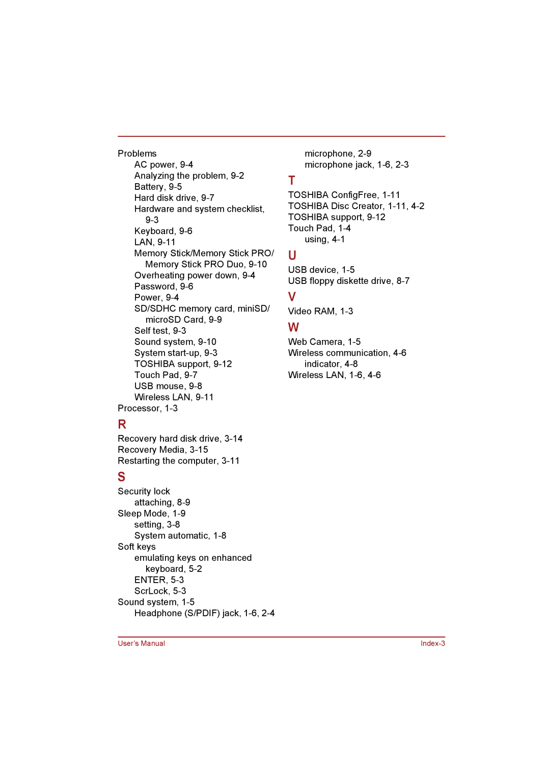 Toshiba NB255N245 user manual User’s Manual Index-3 