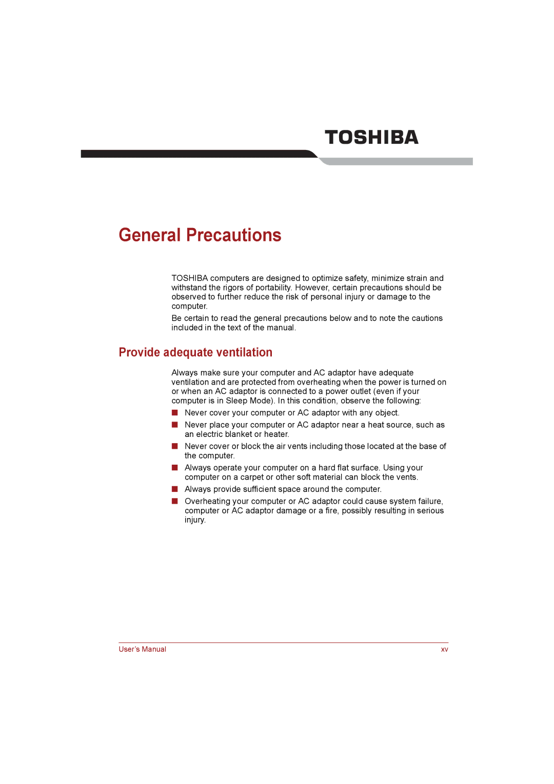 Toshiba NB255N245 user manual General Precautions, Provide adequate ventilation 