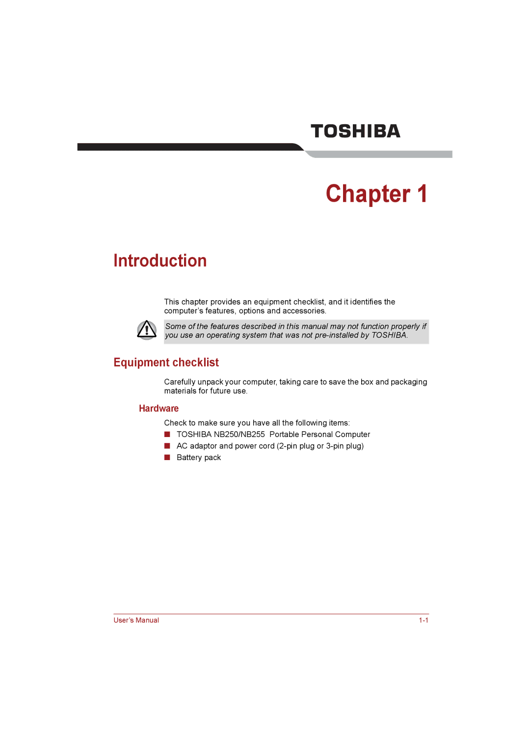 Toshiba NB255N245 user manual Introduction, Equipment checklist, Hardware 