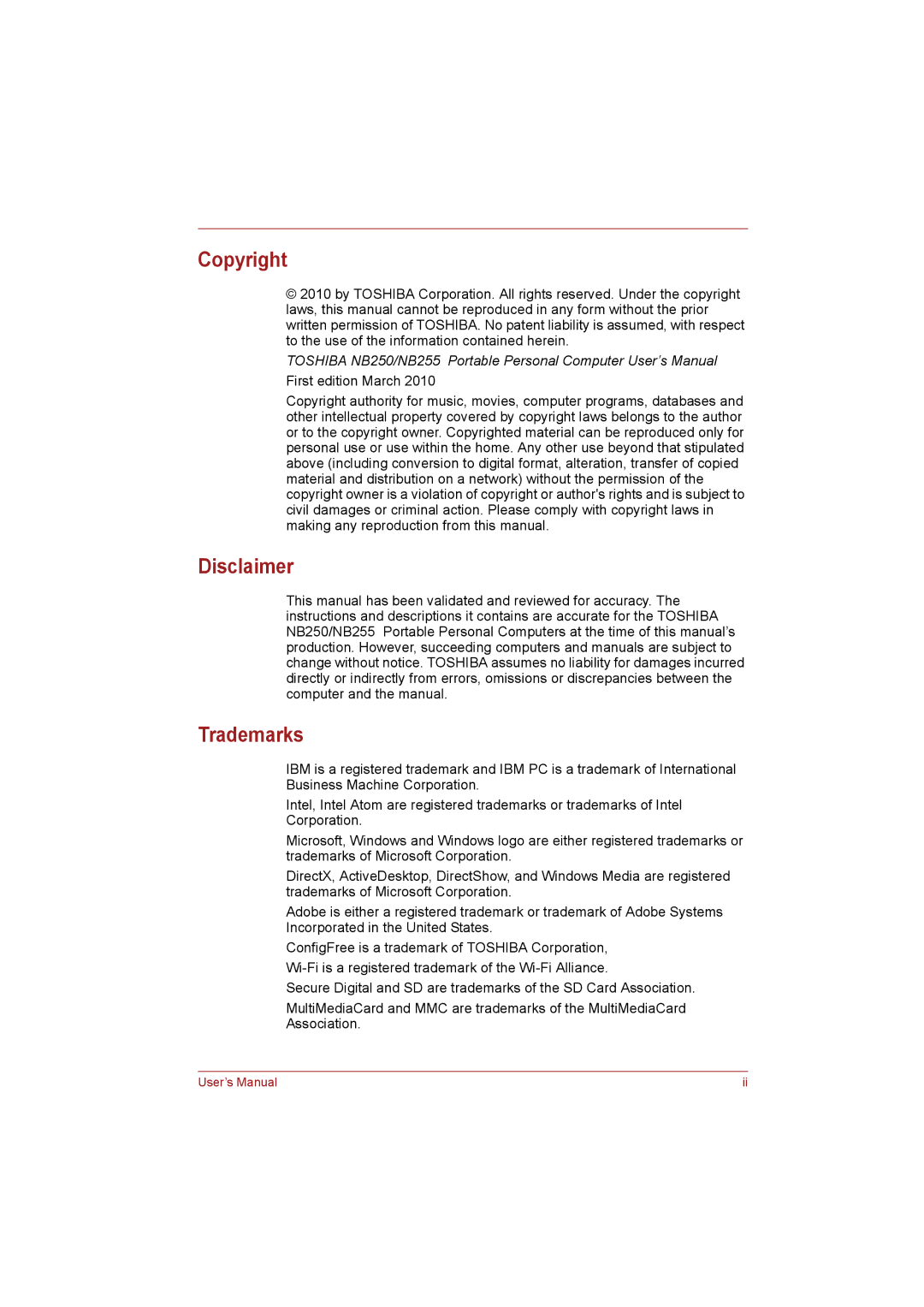 Toshiba NB255N245 user manual Copyright, Disclaimer, Trademarks 