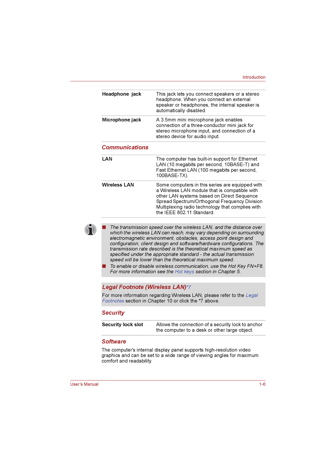 Toshiba NB255N245 user manual Communications, Legal Footnote Wireless LAN*7, Security, Software 