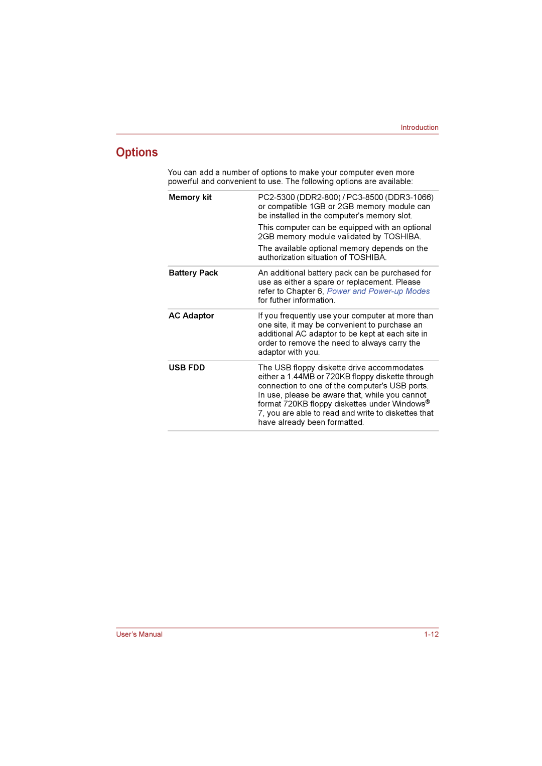 Toshiba NB255N245 user manual Options, Memory kit 