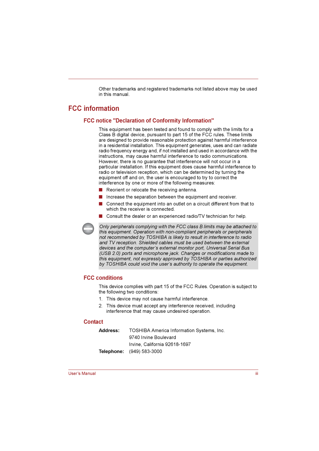 Toshiba NB255N245 user manual FCC information, FCC notice Declaration of Conformity Information, FCC conditions, Contact 