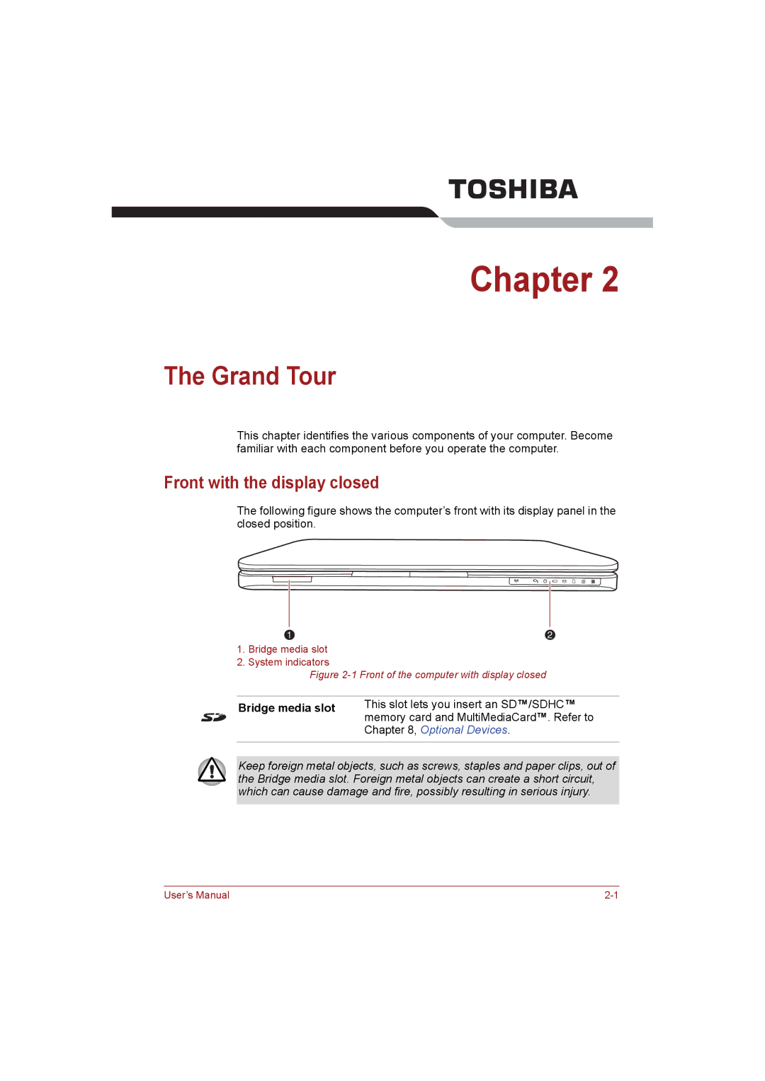 Toshiba NB255N245 user manual Grand Tour, Front with the display closed, Bridge media slot 