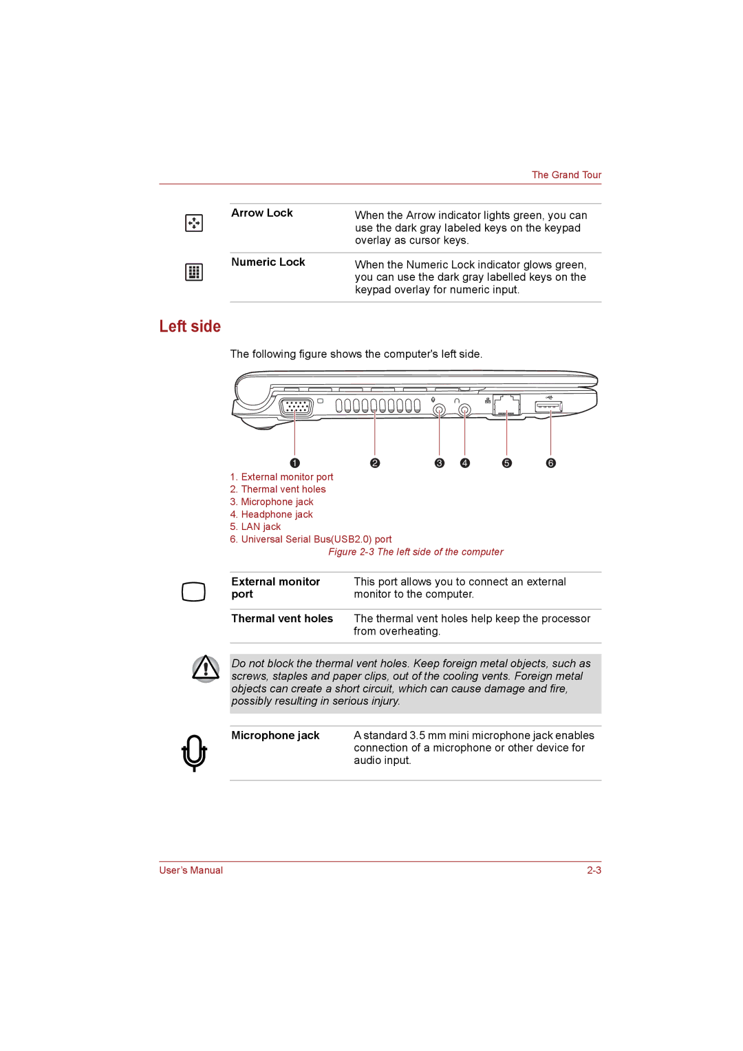 Toshiba NB255N245 user manual Left side, Arrow Lock, Numeric Lock, Port, Thermal vent holes 