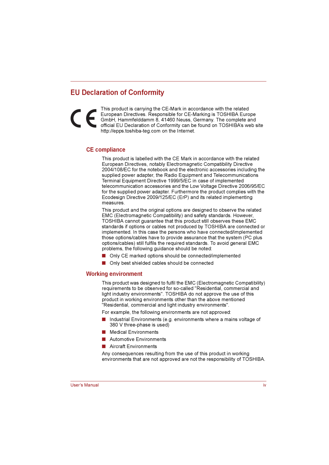 Toshiba NB255N245 user manual EU Declaration of Conformity, CE compliance, Working environment 