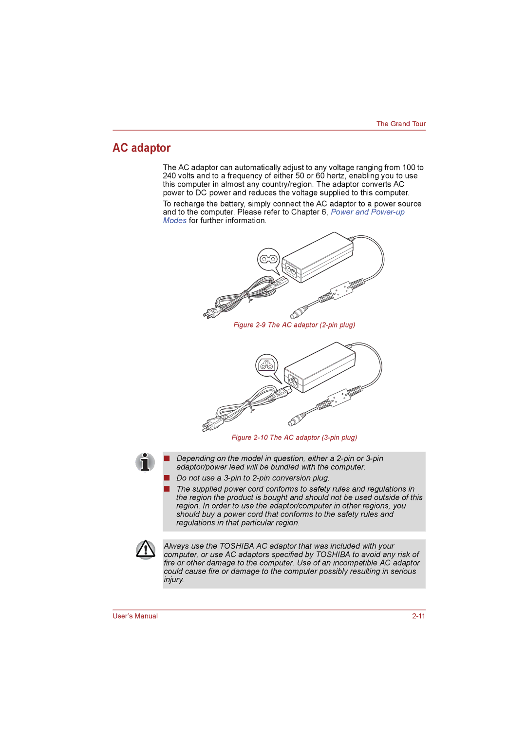 Toshiba NB255N245 user manual AC adaptor 2-pin plug 